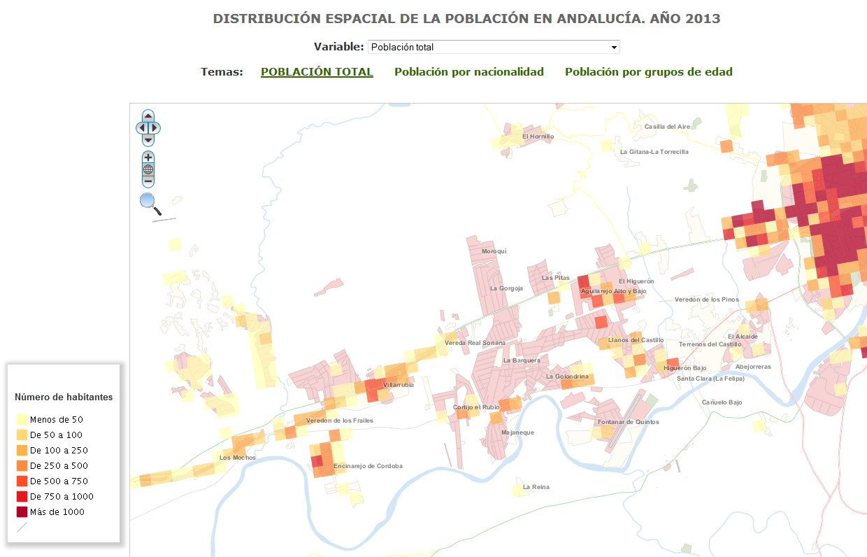 Detalle del GRID de distribucin de la poblacin en Andaluca en la Vega de Crdoba, 2013