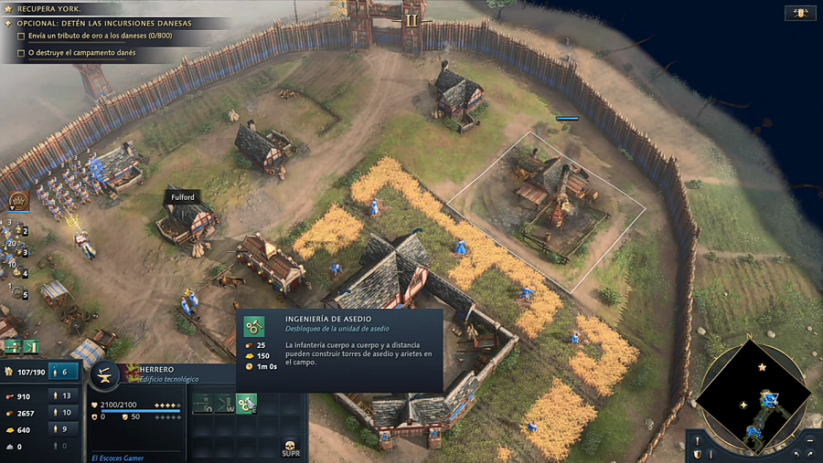 Construyendo instalaciones en Age of Empires IV (2021) con la parte del mapa conocido en la parte inferior derecha