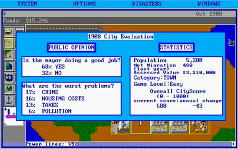 Estadísticas de ayuda sobre encuesta de opinión pública y datos de población en SimCity