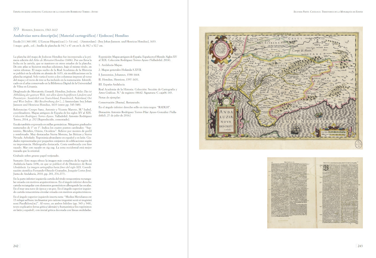 Páginas de la obra España en Mapas Antiguos con la imagen y texto sobre el mapa de Andalucía de 1606 de Jodocus Hondius