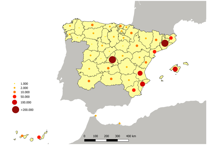 Distribución provincial de la población nacida en Andalucía y residente en el resto de España. 1 de enero de 2021