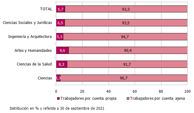 Distribución de los egresados universitarios del curso 2019-2020 que residían en Andalucía y trabajan al año del egreso en Andalucía por rama de enseñanza según situación profesional