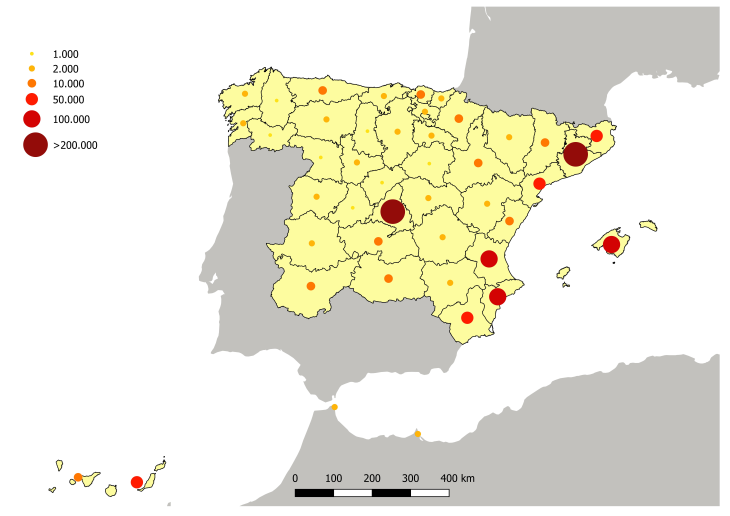 Distribución provincial de la población nacida en Andalucía y residente en el resto de España. 1 de enero de 2022