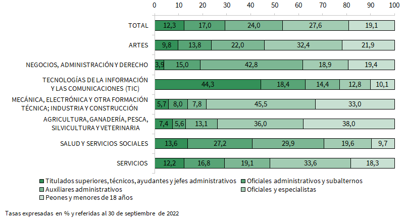 Distribución de los egresados de formación profesional del curso 2020-2021 que residían en Andalucía y trabajan por cuenta ajena al año del egreso en Andalucía por ámbito de estudio según categoría profesional