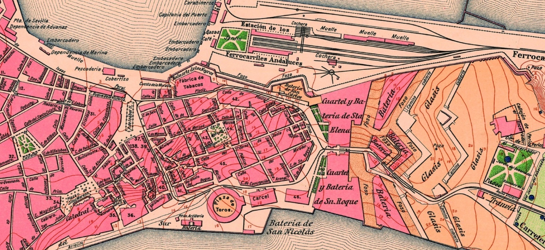 Detalle del mapa de Cádiz en el entorno de la estación de ferrocarril