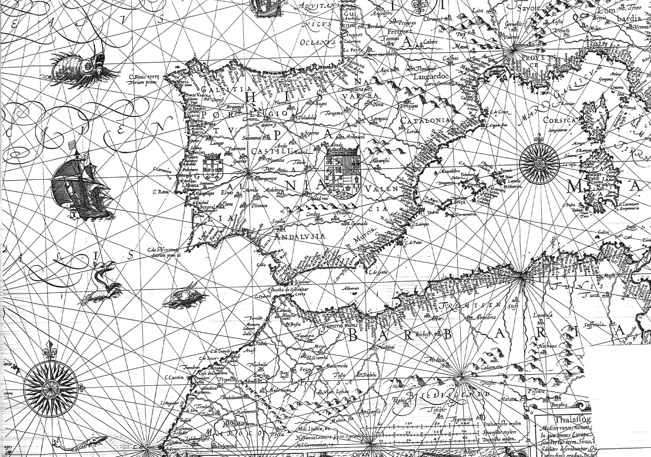 Mapa de España y Portugal y las costas de Aquitania, Provenza, Italia, norte de África y las islas. Año 1595