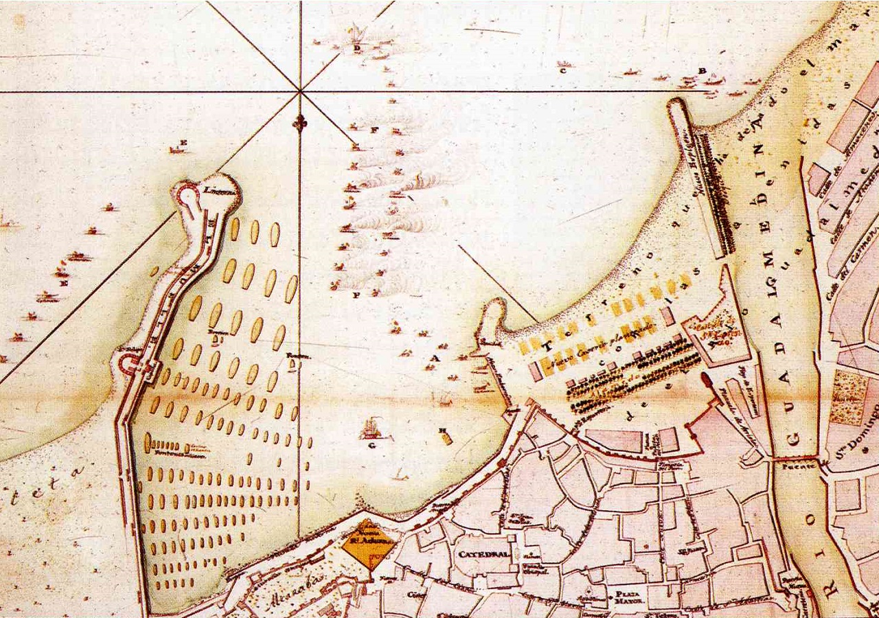 Plano del puerto de Málaga, en el que se demuestra la formación del combate entre galeotas de moros y cristianos, executado en el 18 de mayo de 1789 por los matriculados de marina y dirigido por su Ministro, en celebración de la Real proclamación del Rey Nuestro Señor Don Carlos IV. Año 1789