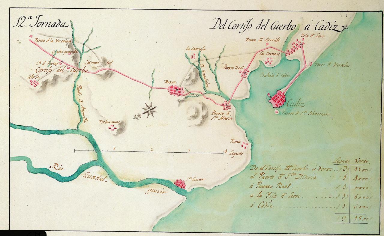 Planos particulares que por jornadas representan a la larga la dirección y figura de la carretera de Andalucía nuevamente abierta asta Cadiz. Año 1790