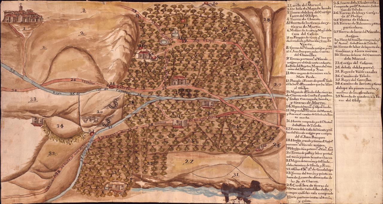 Mapa de las posesiones del Patronato fundado por Cristóbal Muñoz de Salazar, consejero del rey, alcalde del crimen de la Chancillería de Granada y sus agregados, en términos de la ciudad de Úbeda y de las villas de El Mármol y Rus. Año 1700