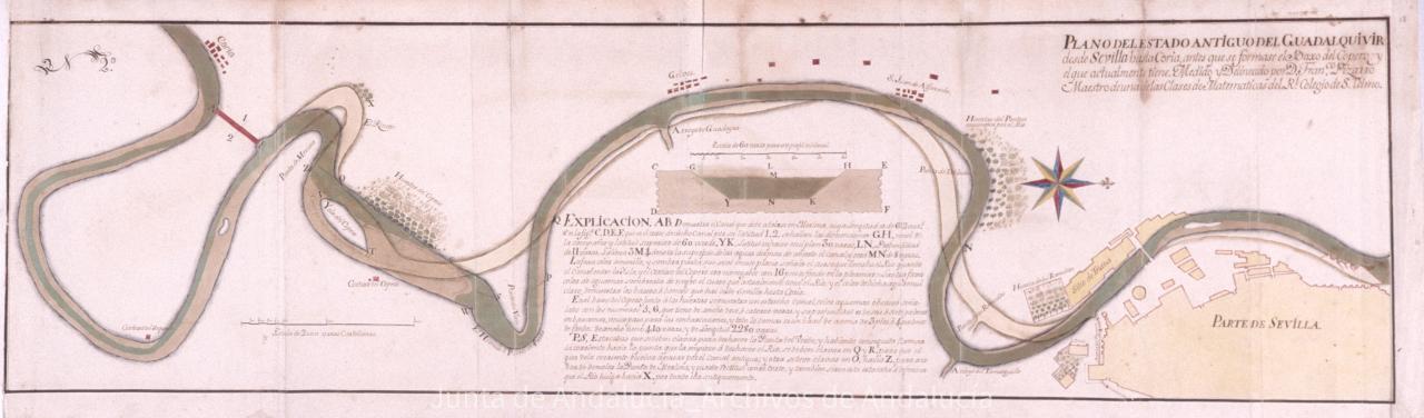 Plano del estado antiguo del Guadalquivir desde Sevilla hasta Coria, antes de que se formase el bajo del Copero y el que actualmente tiene. Año 1778