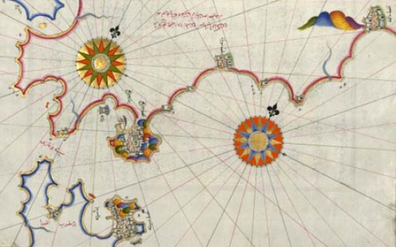 Carta del Estrecho y el sur de Andaluca con Gibraltar, Algeciras, Tarifa y parte de la isla de Cdiz. Muhyiddin Piri Reis, en Kitab-i Bahriye, Libro del Mar o de la Navegacin, 1526, copia de 1690-1700.